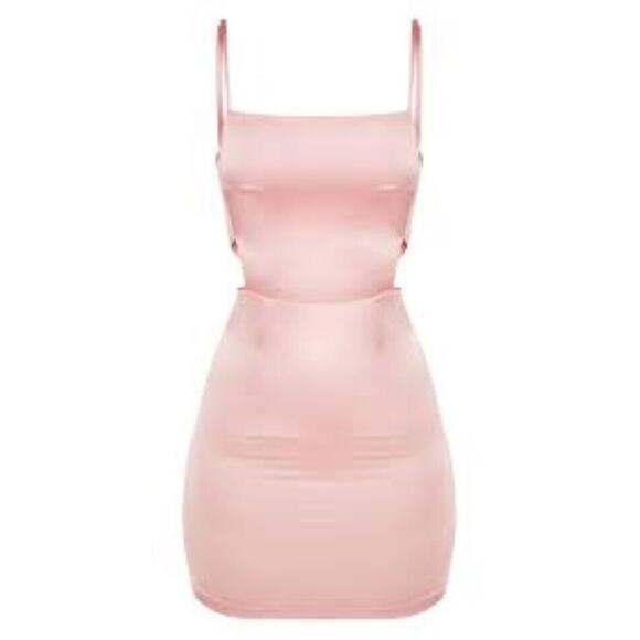 Pretty Little Thing Rose Satin Cut Out Side Bodycon Dress Sz 0 Light Pink New - Picture 3 of 9